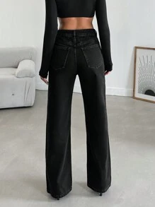 EURMUSE Zipper Fly Straight Leg Jeans - Black - View 2