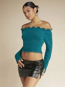SHEIN BAE Off Shoulder Distressed Crop Sweater