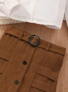 SHEIN Tween Girl Butterfly Decor Patchwork Ruffle Hem Long Sleeve Shirt And Mini Skirt Casual Set - Brown - View 4