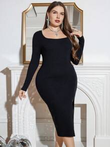 SHEIN Clasi 大碼方領高衩毛衣洋裝 - 黑色 - 查看 1