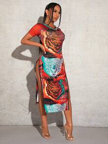SHEIN SXY Tiger Print Split Thigh Dress - Multicolor - View 4