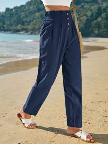 SHEIN Frenchy 高腰紐扣門襟褶皺長褲