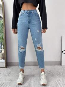 EURMUSE High Waist Ripped Raw Hem Ripped Skinny Jeans - Light Wash - View 1