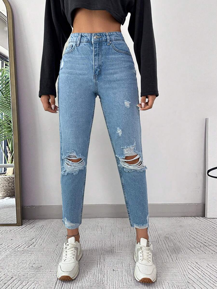 EURMUSE High Waist Ripped Raw Hem Ripped Skinny Jeans - Light Wash - View 1
