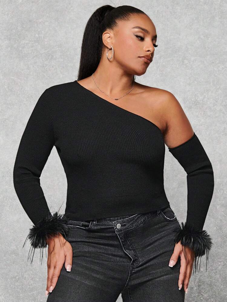 Plus Size Women One Shoulder Sweater With Fringed Cuffs