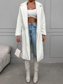 EURMUSE Lapel Neck Single Button Teddy Coat - White - View 1