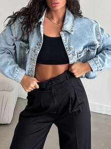 RueChic Drop Shoulder Crop Denim Jacket - Light Wash - View 1