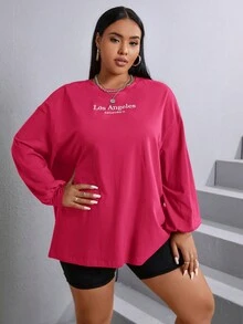 SHEIN EZwear Hơn Thêu Chữ Áo thun Thả vai - Màu Hồng Tươi - Xem 2