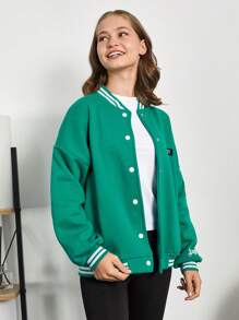RueChic Teen Girl Letter Patched Striped Trim Drop Shoulder Varsity Jacket - Green - View 5
