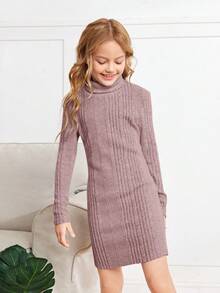 SHEIN Tween Girl Knitted Ribbed Elegant Dress With High Collar - Pink - View 3