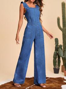 SHEIN Frenchy 荷葉邊闊腿牛仔連身褲