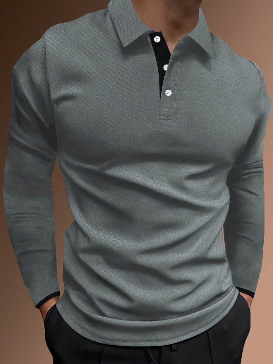 Manfinity Homme Men Contrast Trim Polo Shirt, Men Long Sleeve Polo Shirt, Men Grey Polo Shirt, Men Golf Shirt - Grey - View 1