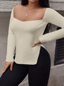 RueChic Plus Sweetheart Neck Split Hem Sweater - Beige - View 1