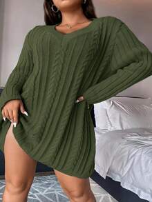 SHEIN CURVE+ Plus Cable Knit Drop Shoulder Sweater Dress - Army Green - View 7