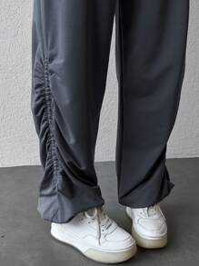 SHEIN Cottnline Solid Elastic Waist Slant Pocket Ruched Side Sweatpants - Grey - View 3