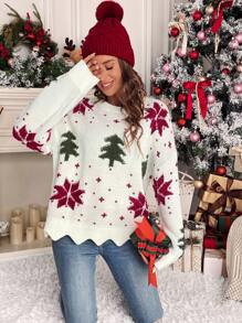 SHEIN Frenchy Suéter com ombros caídos e acabamento em vieira com estampa natalina para outono/inverno - Branco - Ver 1