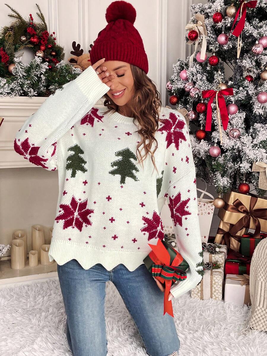 SHEIN Frenchy Suéter com ombros caídos e acabamento em vieira com estampa natalina para outono/inverno - Branco - Ver 1