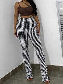 Striped Flare Leg Pants - Black and White - View 6