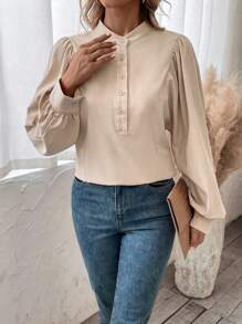 SHEIN LUNE Half Button Lantern Sleeve Blouse - Apricot - View 6