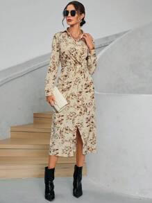 GENKIRA Allover Print Split Thigh Shirt Dress Fall Cloth For Women - Khaki - View 4