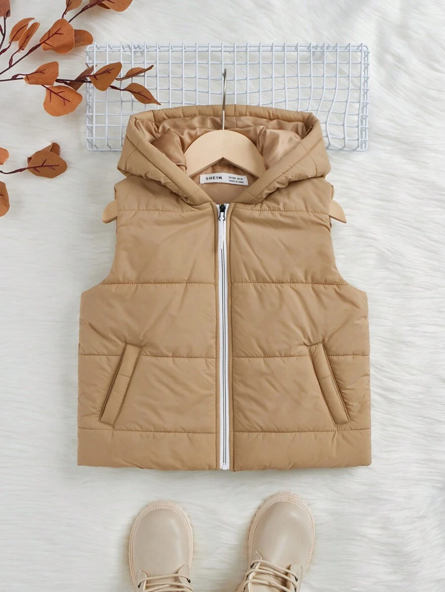 SHEIN Young Boy Zip Up Hooded Puffer Vest - Khaki - View 1