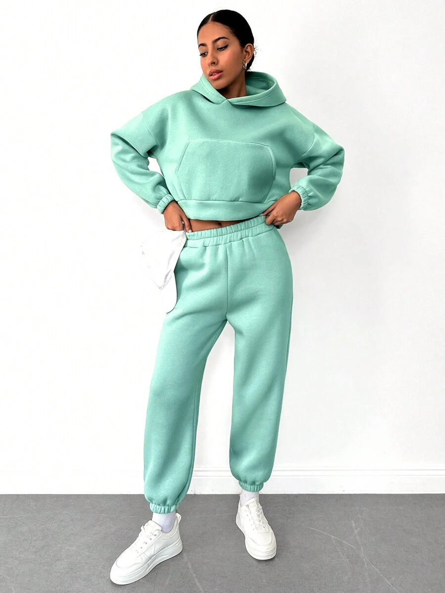 RueChic Kangaroo Pocket Drop Shoulder Hoodie & Sweatpants - Mint Green - View 1