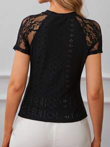 SHEIN Frenchy Contrast Lace Raglan Sleeve Eyelet Embroidery Raglan Sleeve Tee Black Summer Casual - Black - View 2