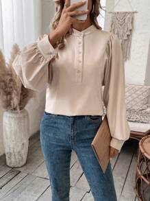 SHEIN LUNE Half Button Lantern Sleeve Blouse - Apricot - View 1