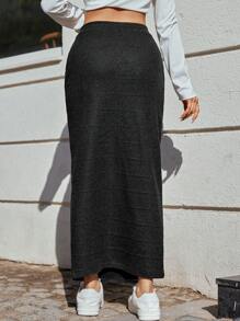 SHEIN Cottnline Zip Side Split Thigh Skirt - Black - View 2