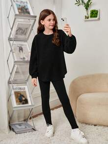 SHEIN Tween Girl Drop Shoulder Curved Hem Tee & Leggings - Black - View 4