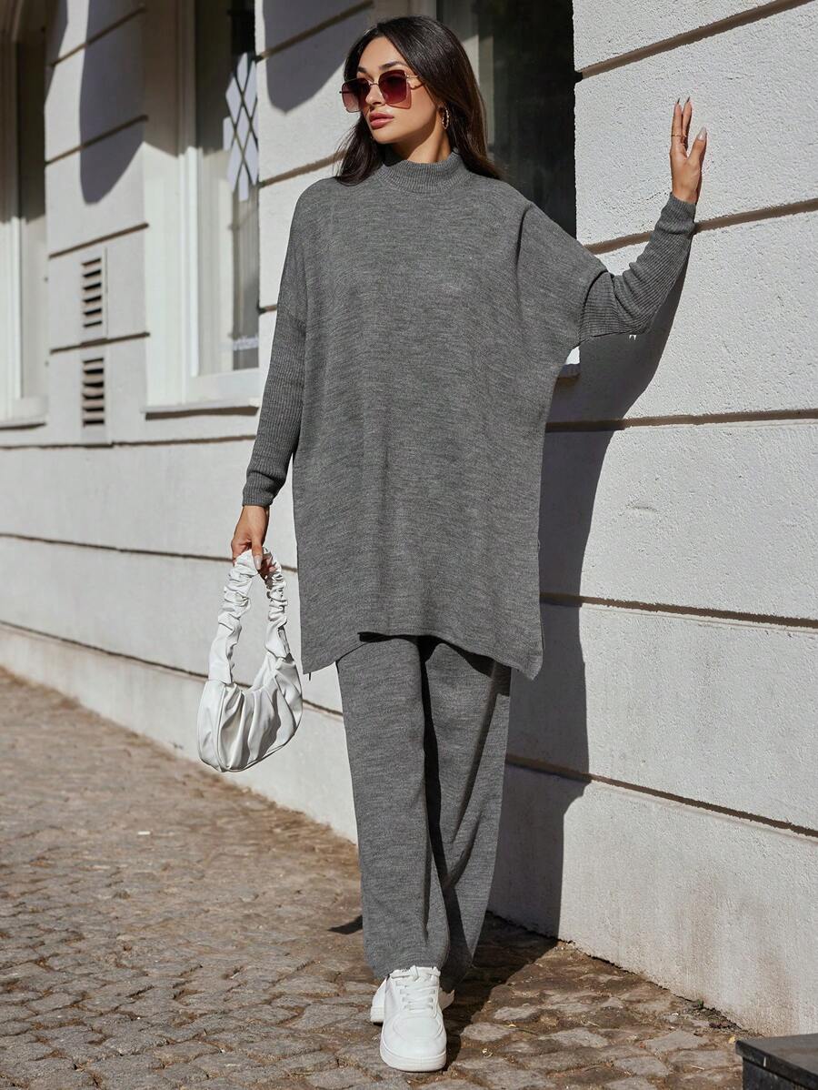 SHEIN Cottnline Mock Neck Batwing Sleeve Sweater & Knit Pants - Grey - View 1