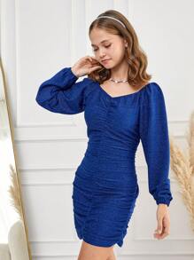 RueChic Teen Girl Off Shoulder Ruched Glitter Dress - Blue - View 5