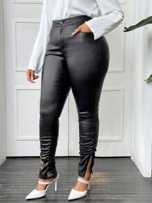 SHEIN Clasi 加大號拉鍊口棱皺設計分裂裾褲 - 黑色 - 查看 1