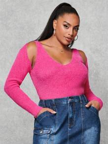 SHEIN BAE Plus Cold Shoulder Sweater - Hot Pink - View 4