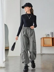 SHEIN 青少年女孩側翻蓋口袋腰上打結工裝褲 - 灰色 - 查看 3