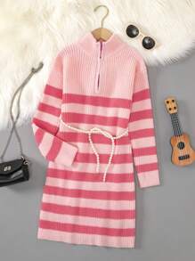 SHEIN Tween Girl Striped Pattern Quarter Zip Drop Shoulder Sweater Dress Without Belt - Multicolor - View 1