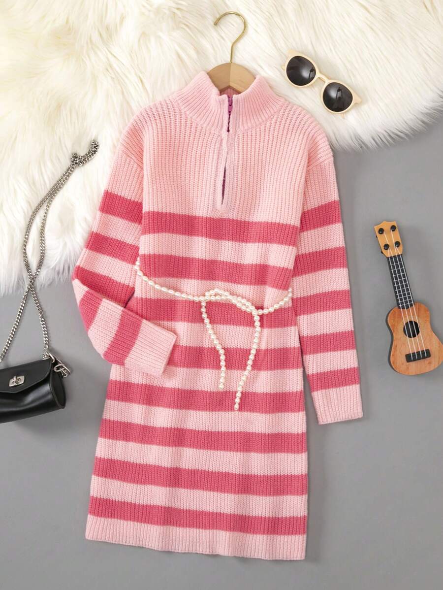 SHEIN Tween Girl Striped Pattern Quarter Zip Drop Shoulder Sweater Dress Without Belt - Multicolor - View 1