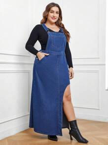 SHEIN Privé 大碼高衩牛仔背帶裙不帶T恤 - 藍色 - 查看 3