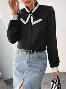 SHEIN Privé Camisa Con Cuello Anudado Y Ribete En Contraste - Negro - Ver 4