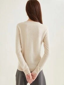 100% 美利奴羊毛女士圆领纯色柔软保暖休闲毛衣 - 杏色 - 查看 6