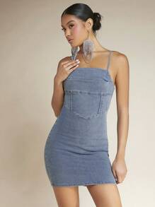 SHEIN BAE Zip Back Bodycon Cami Denim Dress - Blue - View 5
