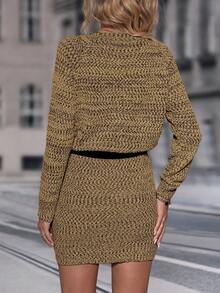 SHEIN LUNE Dệt kim Marled Thắt lưng Đầm Áo len - Màu Khaki - Xem 2