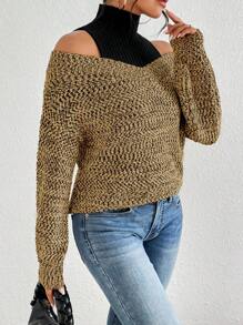 SHEIN Unity Hai âm Vai lạnh 2 trong1 Áo len - Màu Khaki - Xem 5