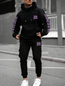 Manfinity EMRG Nam Đồ họa Chữ cái Dây rút Áo Hoodie & Quần thể thao - màu đen - Xem 1