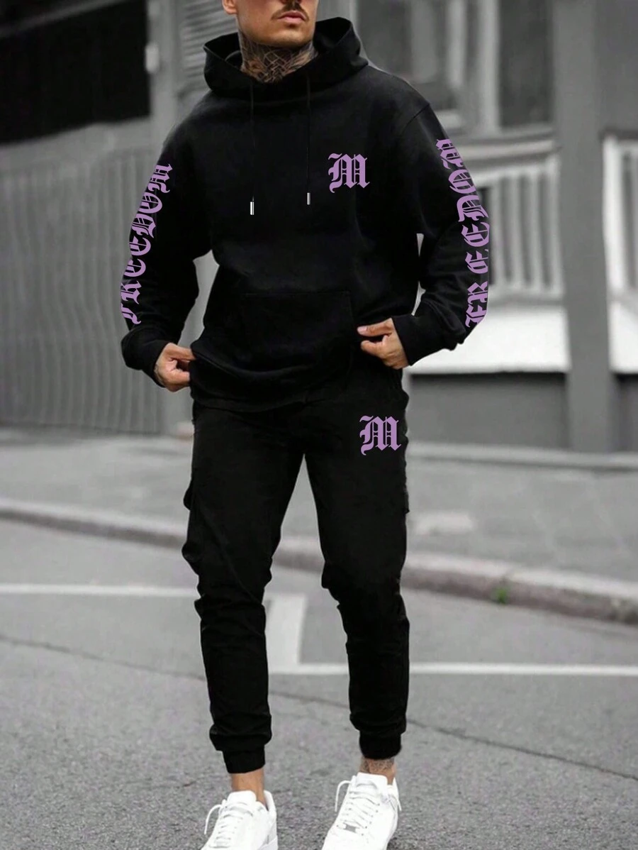 Manfinity EMRG Nam Đồ họa Chữ cái Dây rút Áo Hoodie & Quần thể thao - màu đen - Xem 1