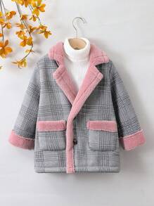 SHEIN 女小童1入組威爾斯親王格紋雙口袋毛絨內襯花呢外套 - 彩色 - 查看 1