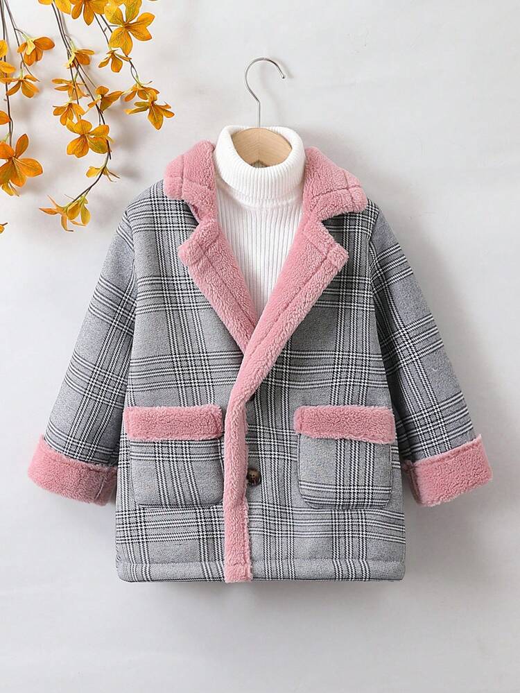 Young Girl 1pc Glen Plaid Dual Pocket Teddy Lined Overcoat