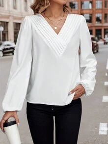 SHEIN LUNE Chất rắn Cổ v Tay áo lồng đèn Áo sơ mi - trắng - Xem 4