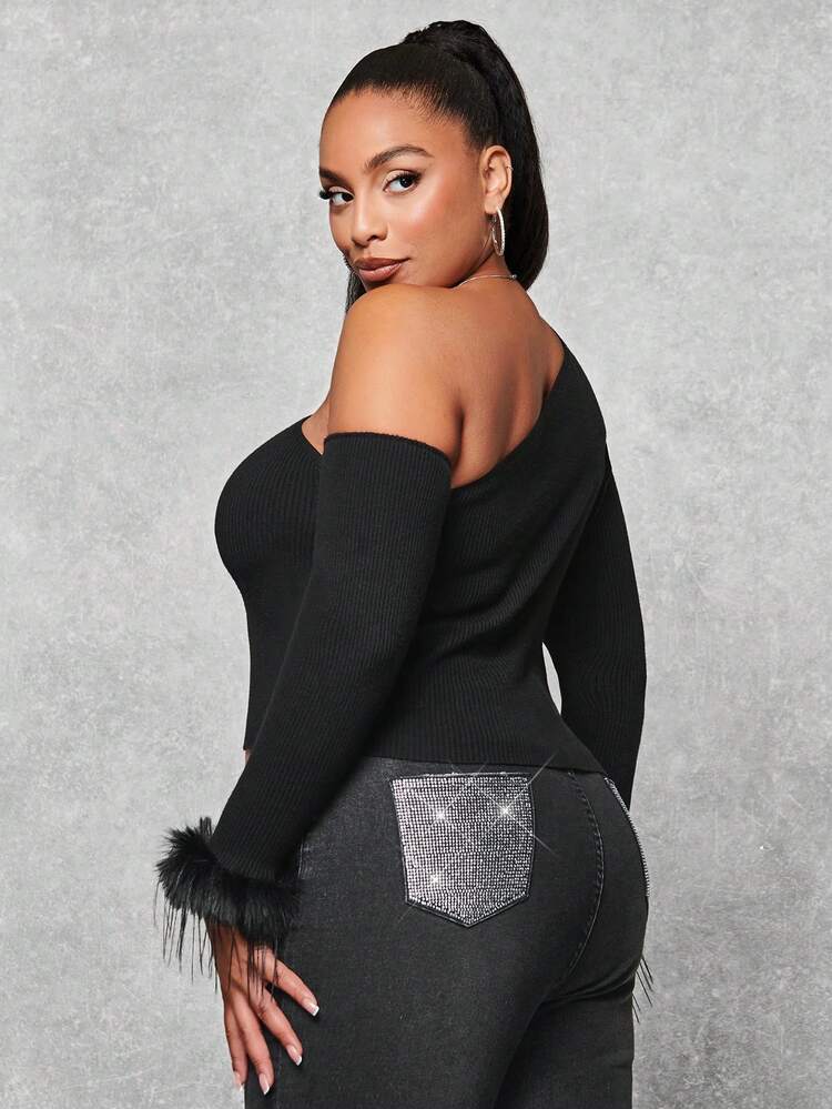 Plus Size Women One Shoulder Sweater With Fringed Cuffs