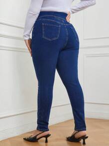 SHEIN Privé Hơn Nút Bay Gập eo Quần jean ôm - Rửa tối - Xem 2